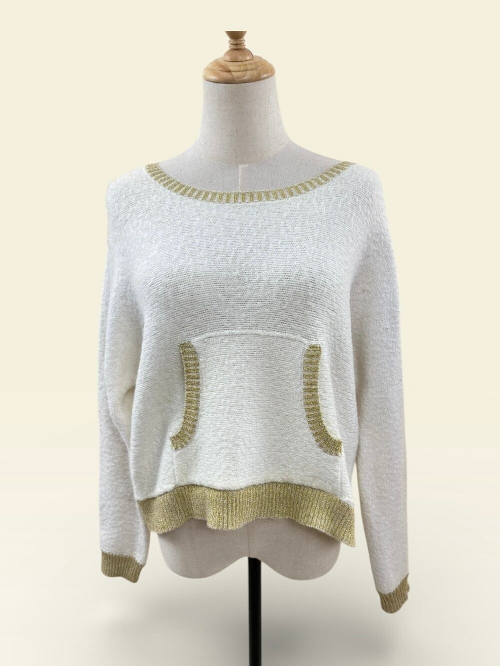 Juicy Couture Cozy Cream Sweater with Gold Trim iand Front Pocket, Size L